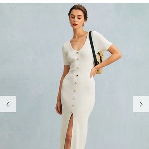 White V Neck Ribbed Button Slit Midi Dress